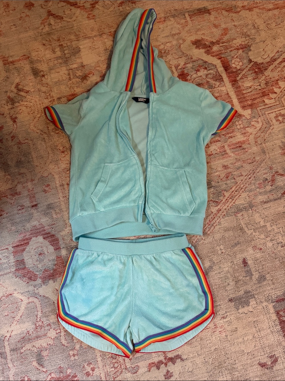 Lands' End Terry Shorts with Rainbow Trim and Matching Hooded Top